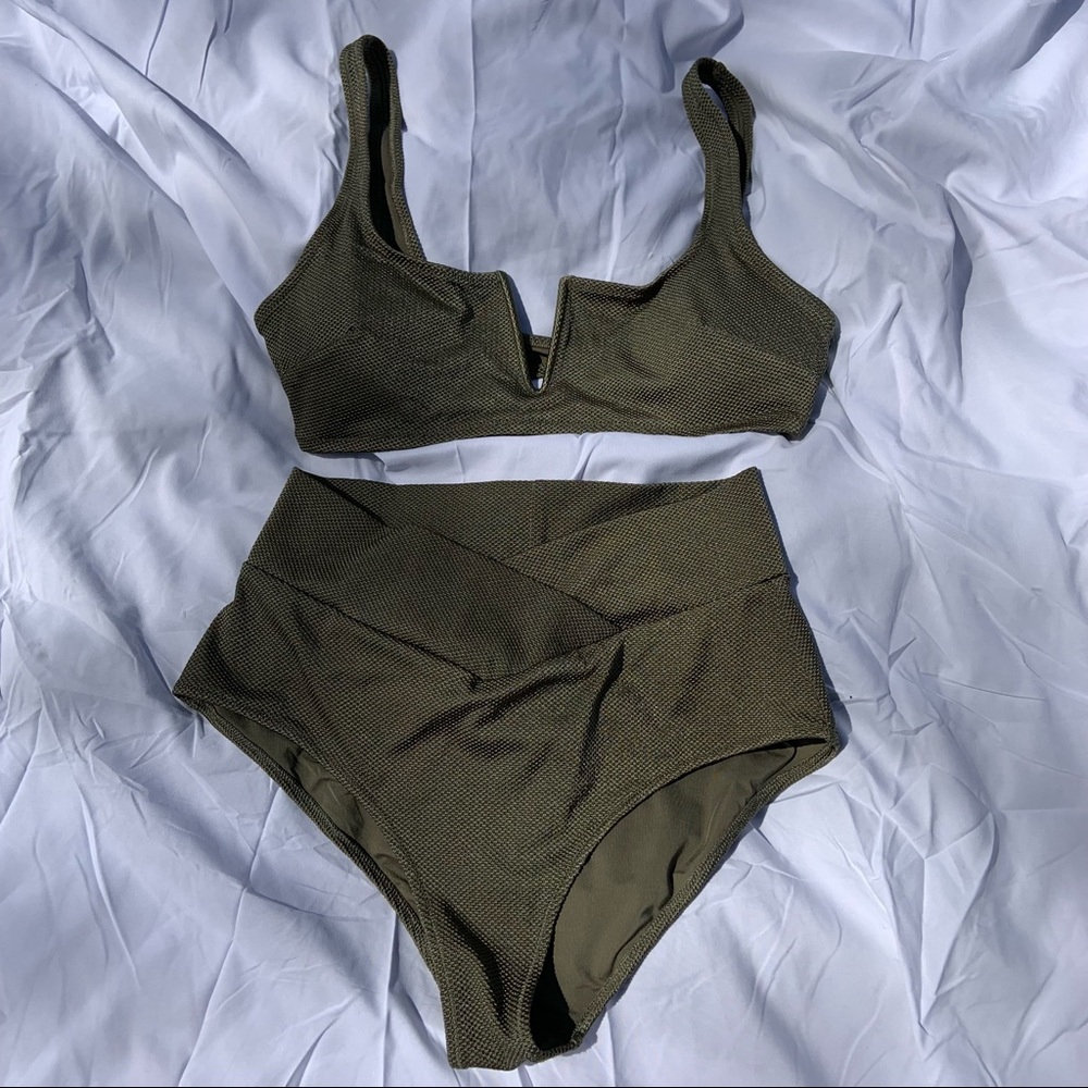 Aerie green high waisted crossover bikini set